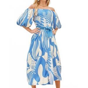 NEW JADE off-shoulder flared midi dress in blue deco